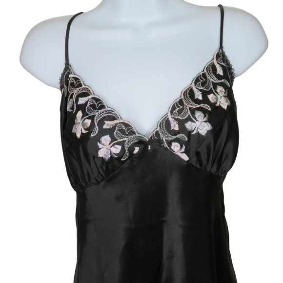Vintage Shirley of Hollywood Knee Length Satin Slip Nightgown L Black Embroidery - Picture 6 of 12